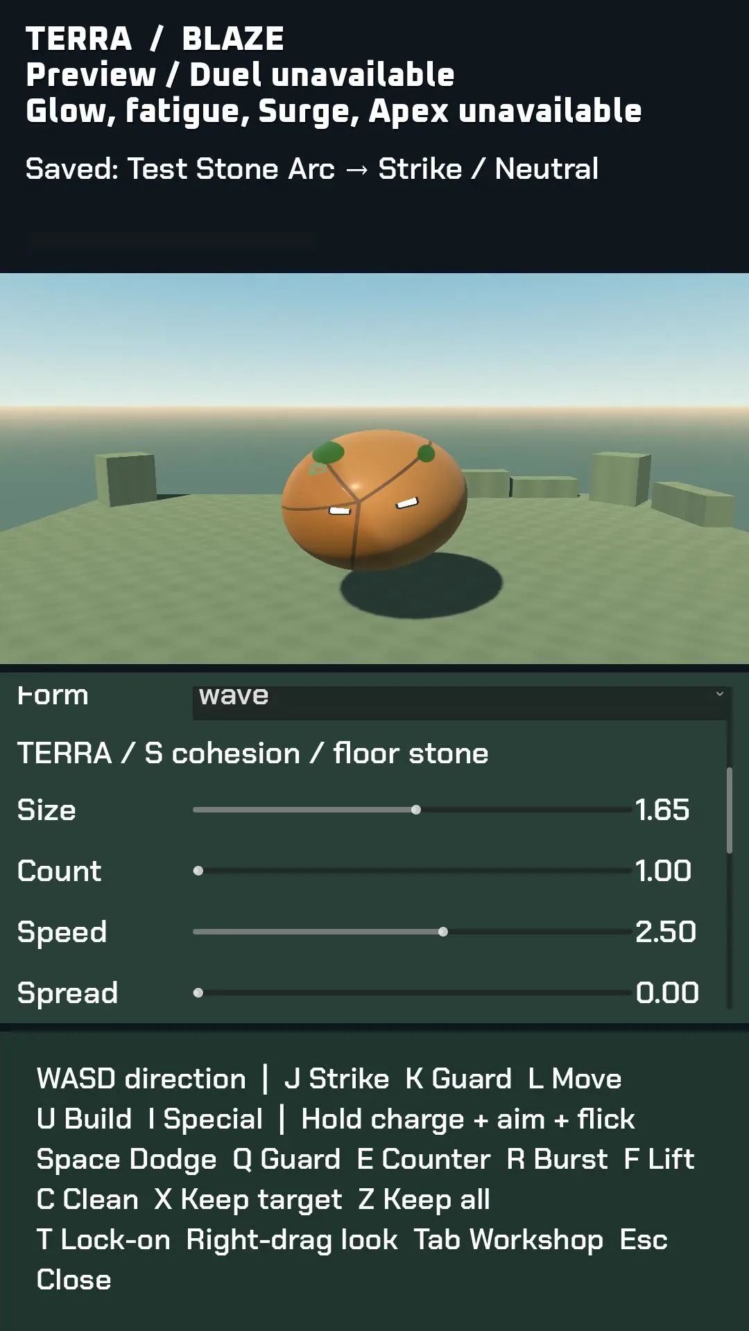 The technique panel scrolls to size and movement settings