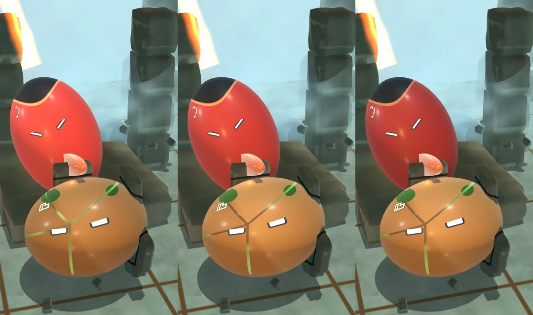Three side-by-side red-body material settings with the selected brighter middle variant