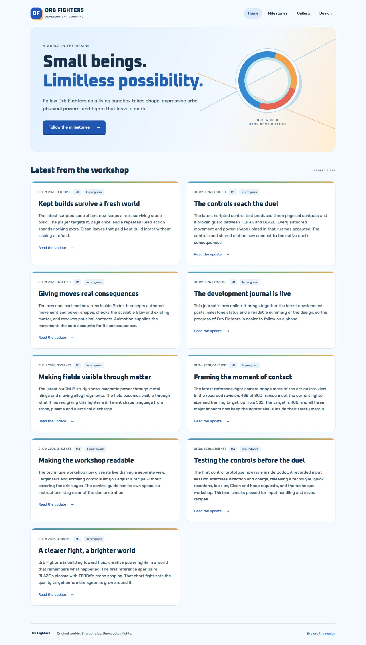The development journal home page with dated progress posts