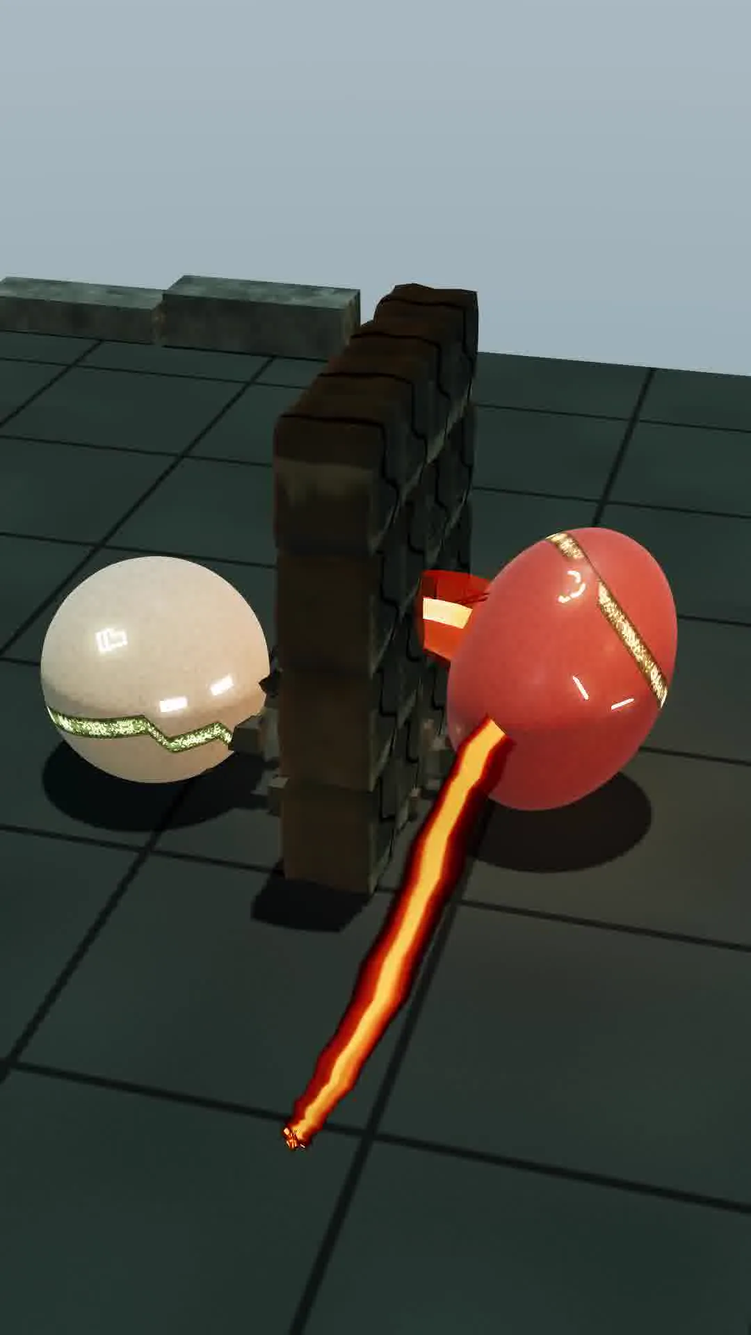 TERRA and red BLAZE face each other across a rising stone wall as an ember blade meets it and a long plasma tail extends forward
