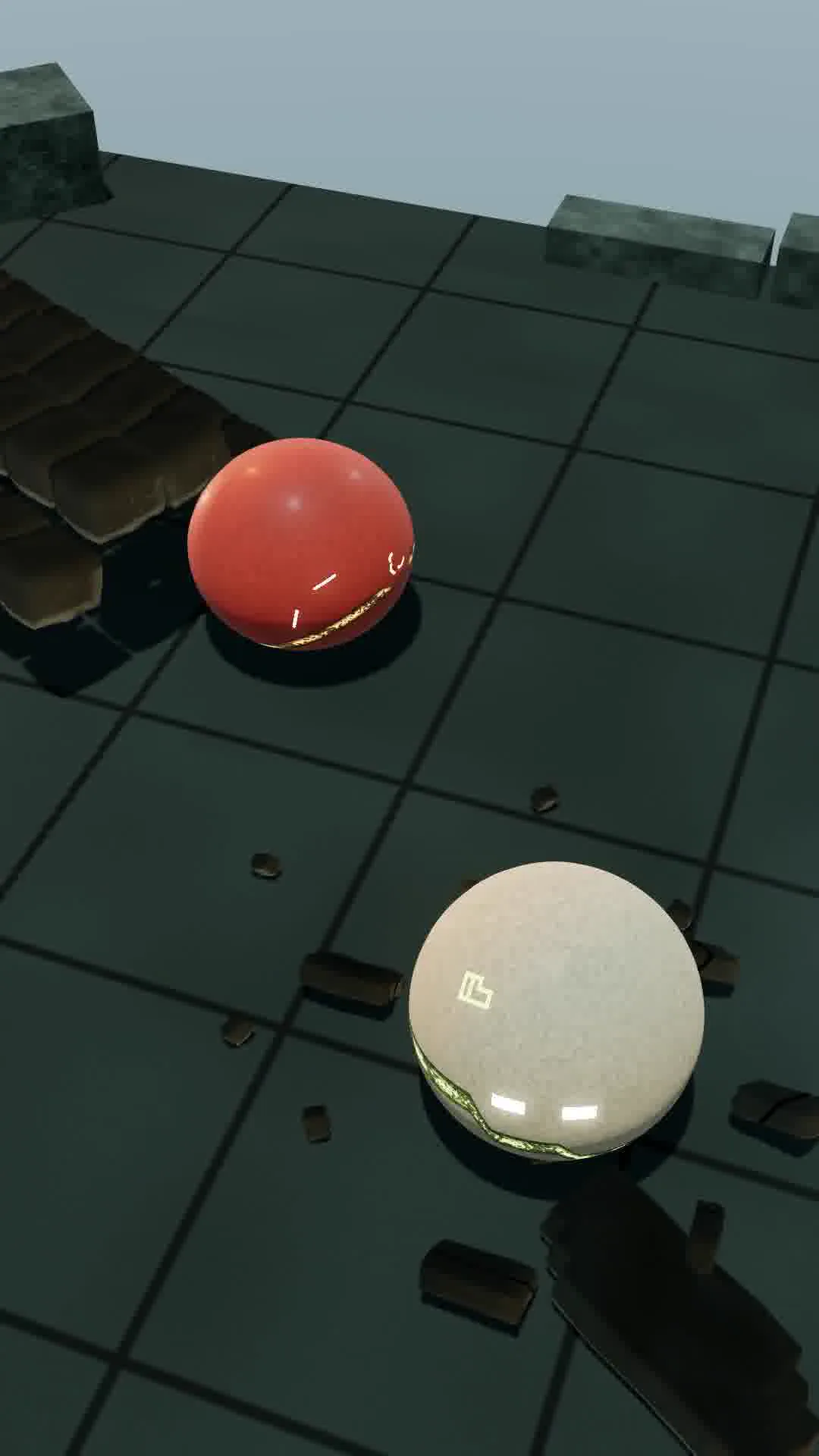 BLAZE compresses at the landing beside fully visible warm mineral TERRA on the tiled court