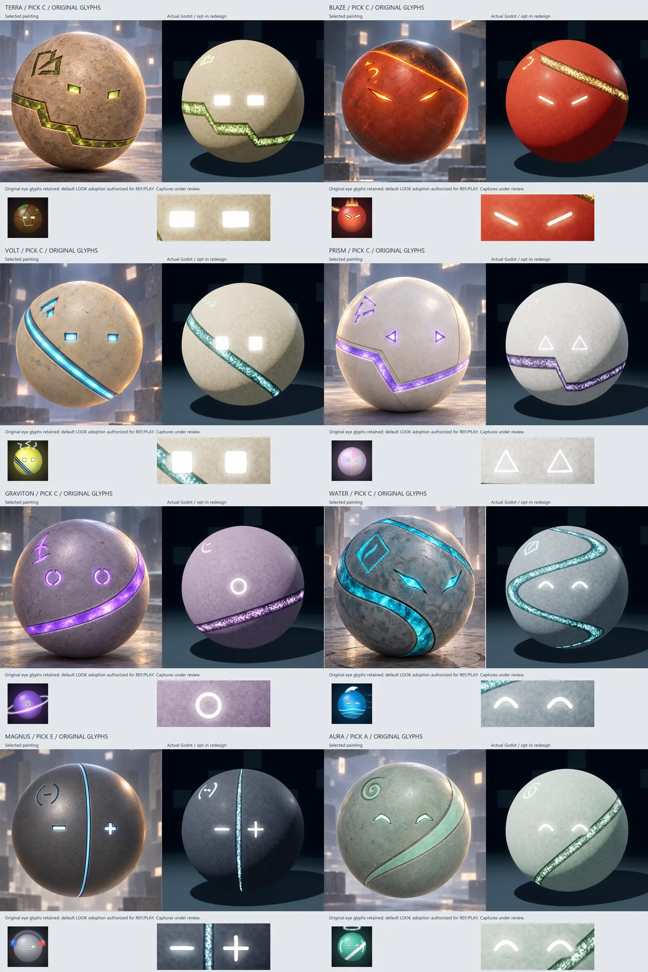Eight selected paintings beside owner-approved default orb appearances with mineral wear, cream eyes and bright textured inlays