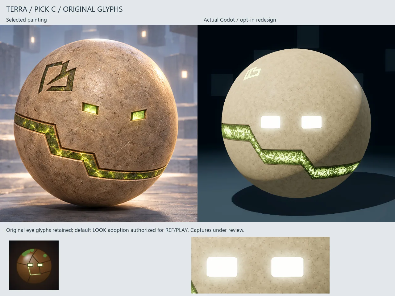 TERRA painting beside the approved warm stone appearance with cream rectangular eyes, an engraved sigil and a bright green textured inlay