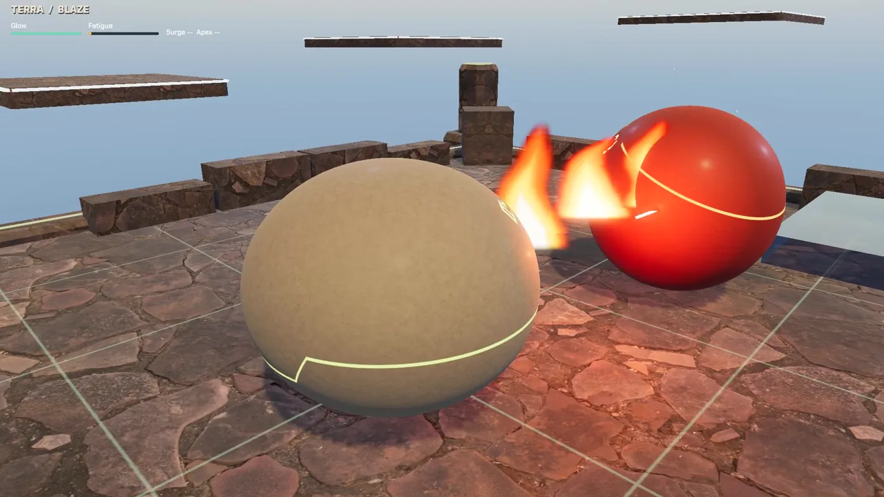 TERRA faces BLAZE across the textured stone court during a flame attack