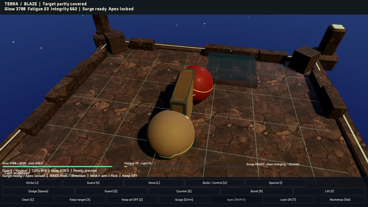 October 3 ordinary game with TERRA, BLAZE, a raised stone wall and the universal controls on the court